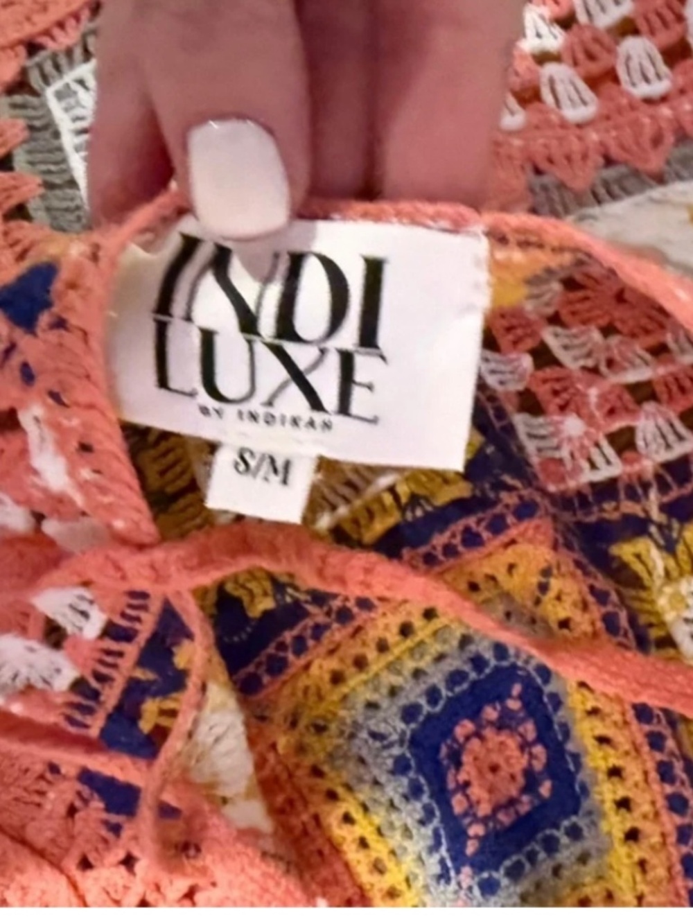 Bali Babe Crochet Maxi Dress in coral 🪸 and Multi color accent squares - Picture 2 of 4